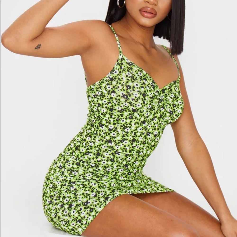 Petite Neon Green Ruched Front Floral Mini Dress